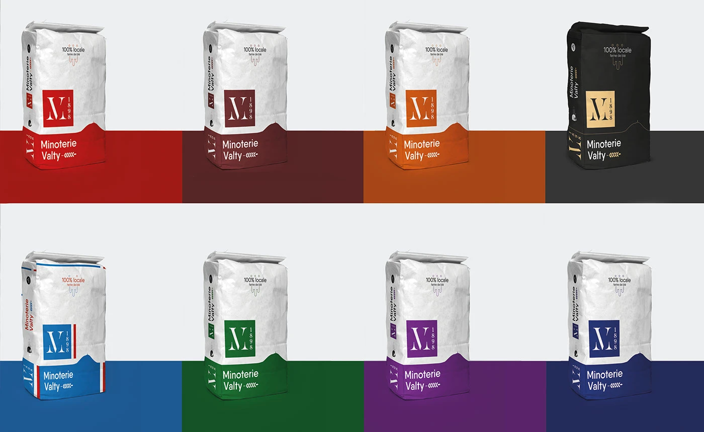 Gamme de huit sacs Minoterie Valty différenciés par couleur en portfolio, déclinaison d’un dessin par référence, sans preuve de fabrication.