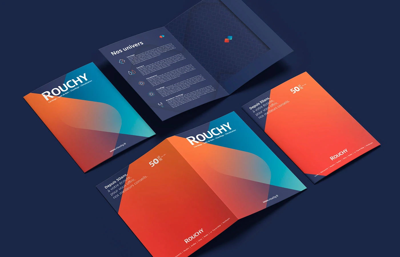 Création de brochure et support commercial Rouchy, couverture colorée et présentation des univers