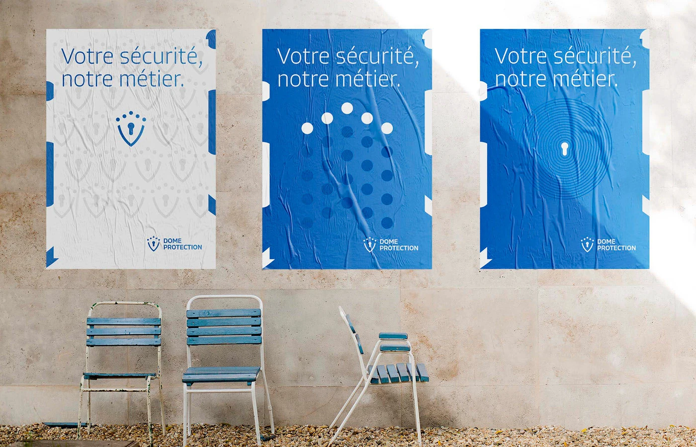 Création d’affiche pour Dome Protection, trois compositions bleues et blanches dans une même identité