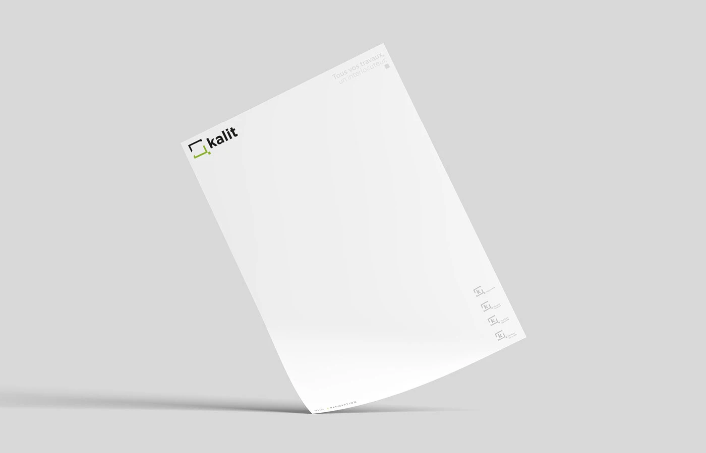 Papier à en-tête Kalit en portfolio, logo seul dans l’angle supérieur, accroche en regard et pictogrammes en pied, sans preuve de tirage.