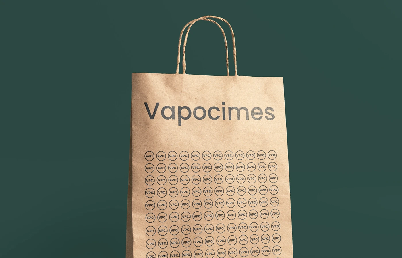 Sac kraft à poignées torsadées Vapocimes en portfolio, nom et médaillons imprimés sur papier brun, sans preuve de fabrication.