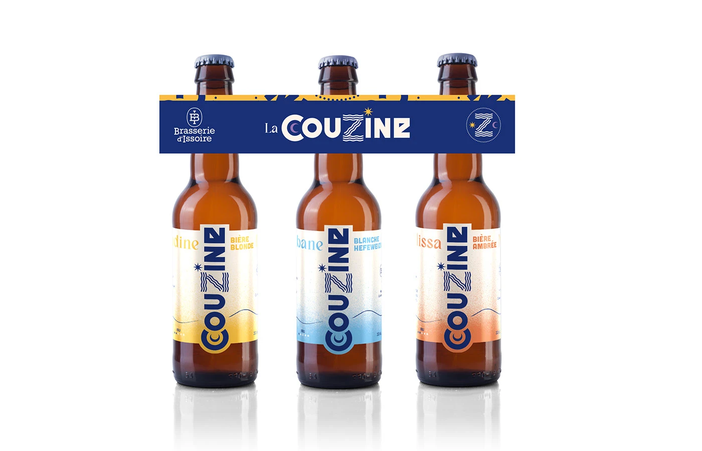 La Couzine, présentation de trois bouteilles avec étiquettes distinctes et habillage commun