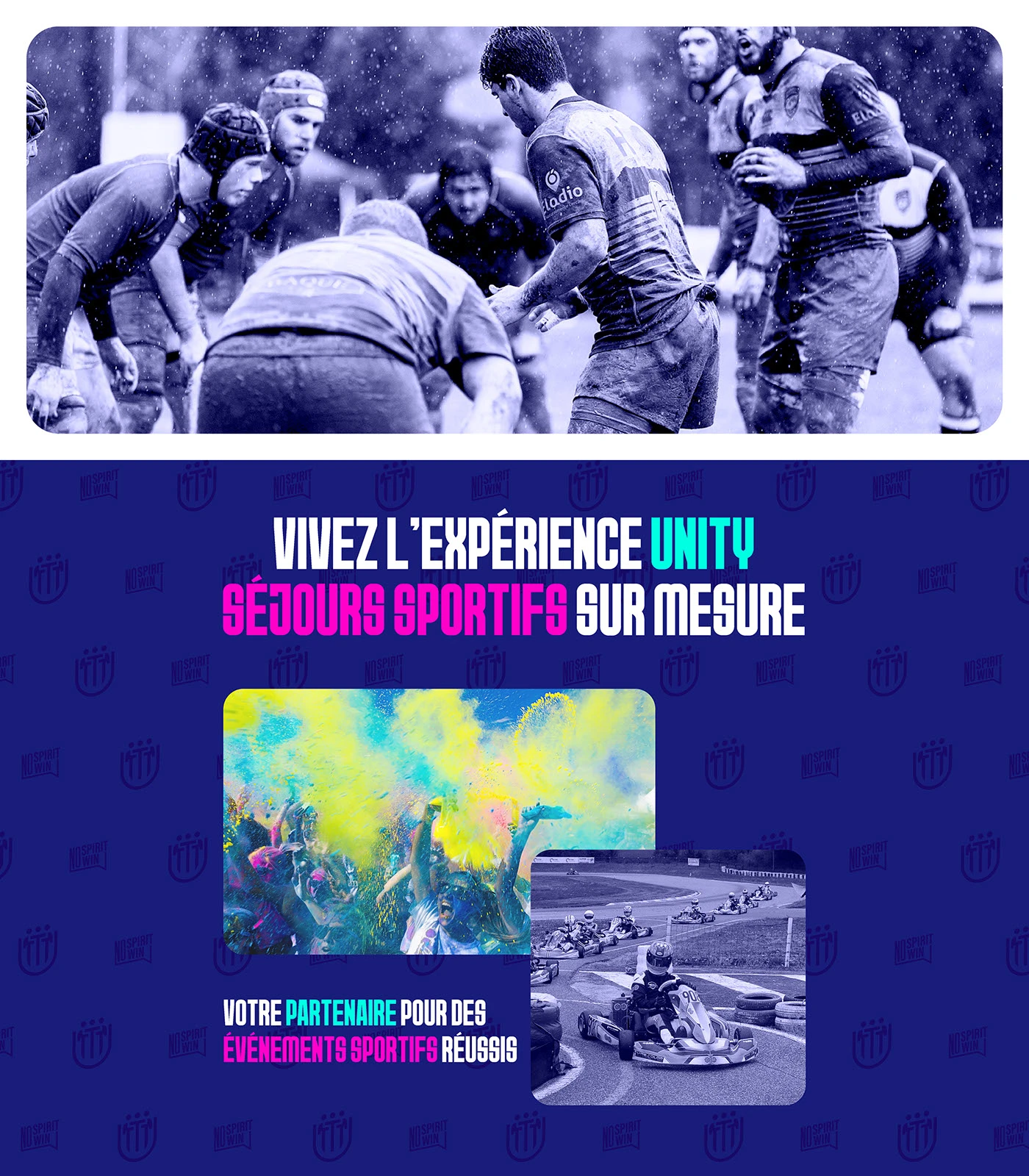 Unity, compositions autour du rugby, du karting et des séjours sportifs, déclinaisons graphiques du portfolio.