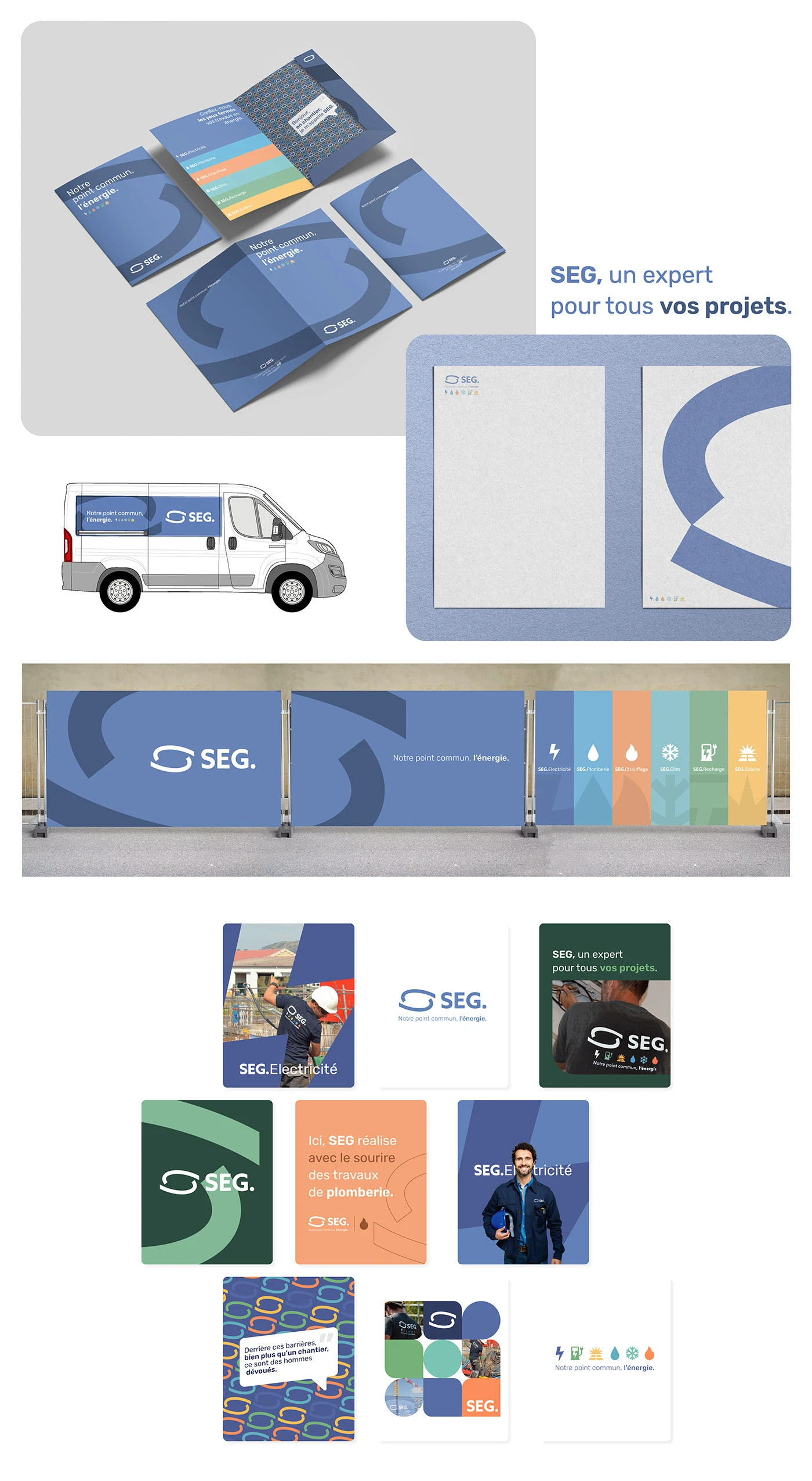SEG, plaquette et supports de chantier présentés par notre graphiste pour entreprise Comm360