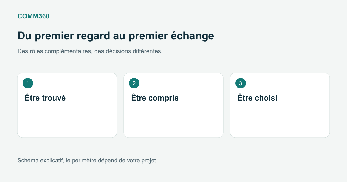 Schéma de Comm360, agence de communication, « Du premier regard au premier échange » : être trouvé, être compris, être choisi.