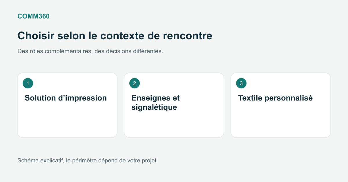 Choisir un support de communication parmi impression, signalétique et textile personnalisé.